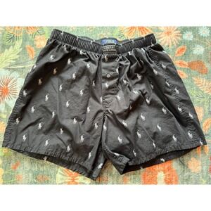 Polo Ralph Lauren Mens Black Woven Boxer‎ Shorts All Over Pony Logo Size Medium